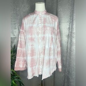 Zara Women’s Tie Dye Oversized Long-Sleeve Button Down Shirt Pink & White S